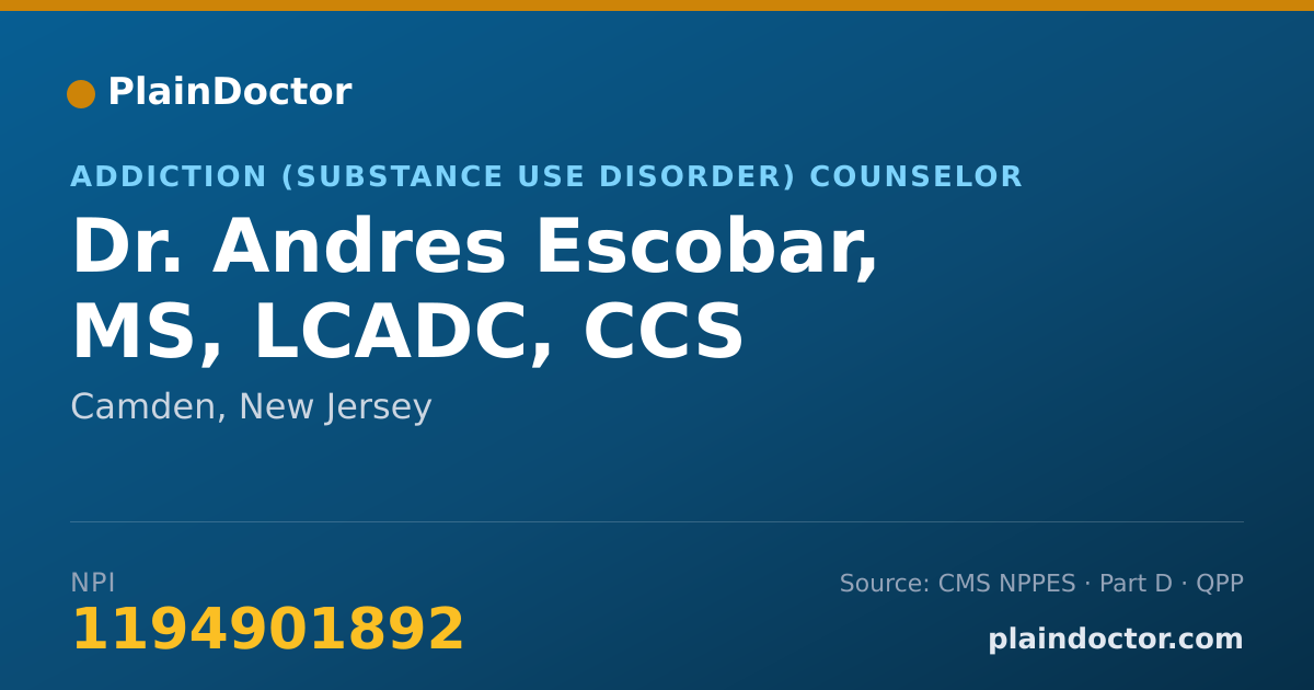 Shareable card for Andres Escobar, MS, LCADC, CCS - Addiction (Substance Use Disorder) Counselor, Camden, NJ