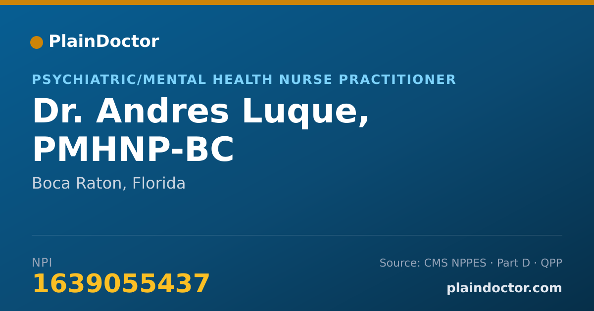 Shareable card for Andres Luque, PMHNP-BC - Psychiatric/Mental Health Nurse Practitioner, Boca Raton, FL
