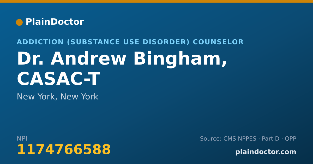 Shareable card for Andrew Bingham, CASAC-T - Addiction (Substance Use Disorder) Counselor, New York, NY