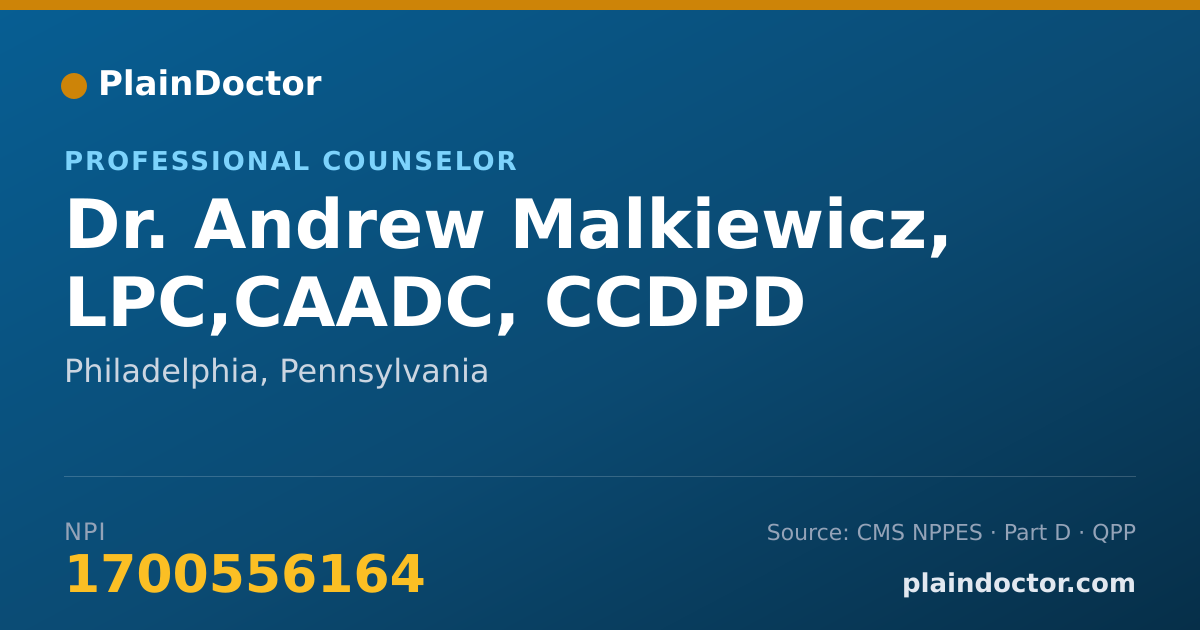 Shareable card for Andrew Malkiewicz, LPC,CAADC, CCDPD - Professional Counselor, Philadelphia, PA