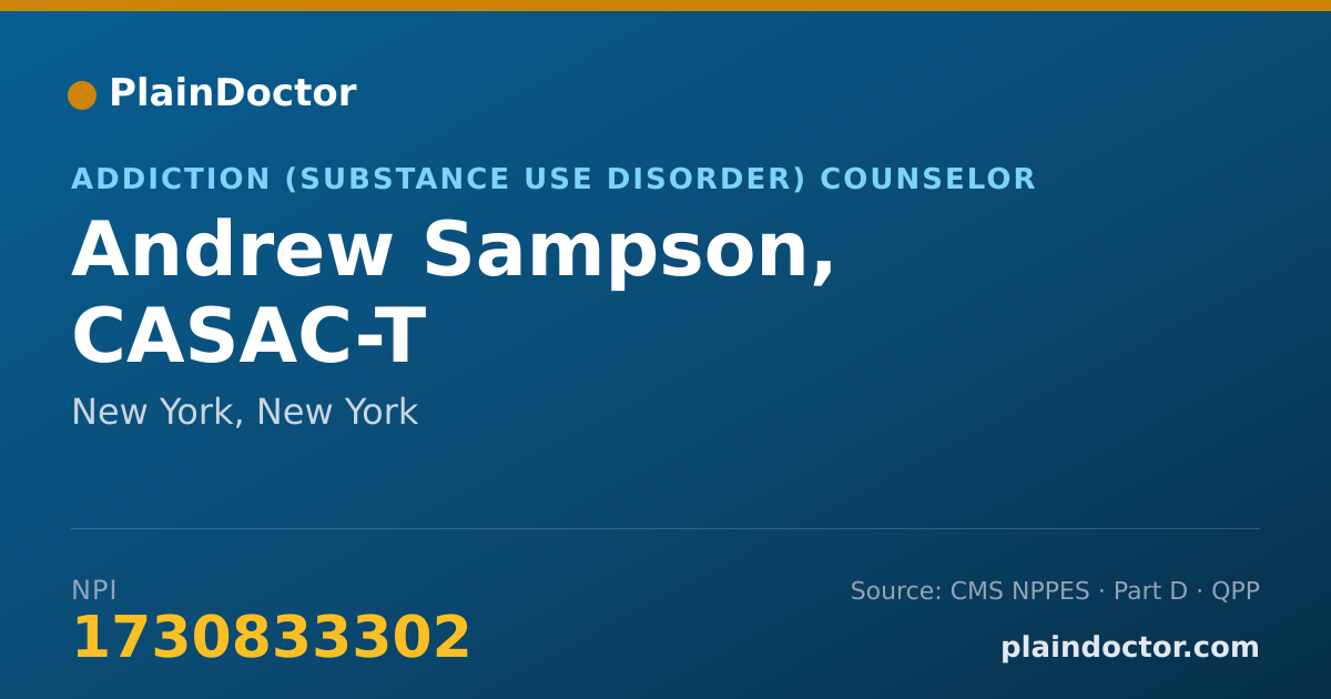 Shareable card for Andrew Sampson, CASAC-T - Addiction (Substance Use Disorder) Counselor, New York, NY