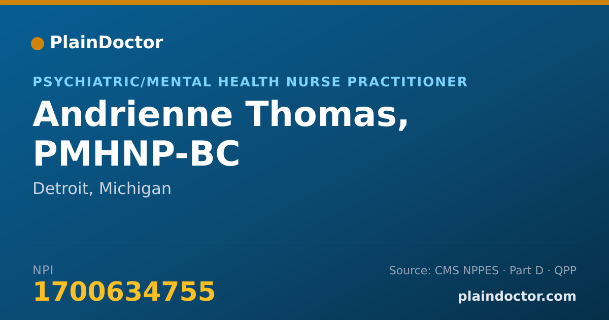 Shareable card for Andrienne Thomas, PMHNP-BC - Psychiatric/Mental Health Nurse Practitioner, Detroit, MI