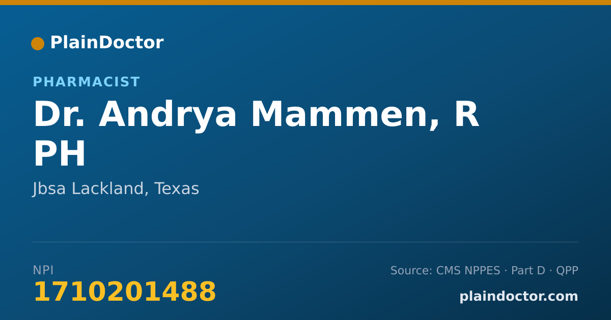 Shareable card for Andrya Mammen, R PH - Pharmacist, Jbsa Lackland, TX