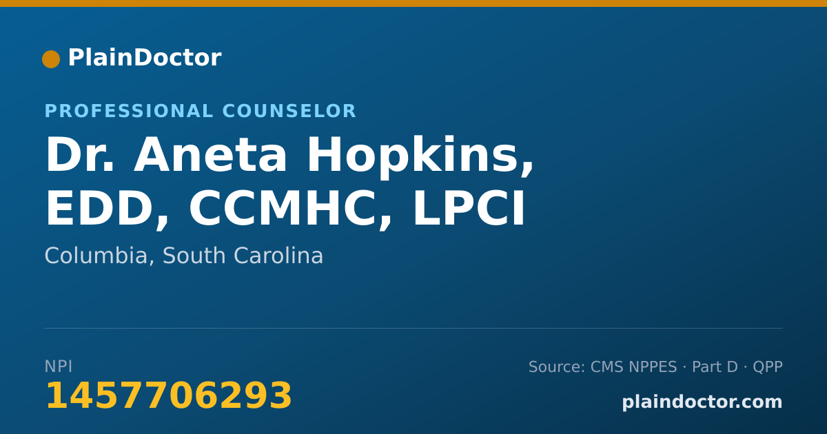 Shareable card for Aneta Hopkins, EDD, CCMHC, LPCI - Professional Counselor, Columbia, SC