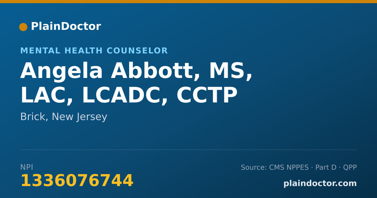 Shareable card for Angela Abbott, MS, LAC, LCADC, CCTP - Mental Health Counselor, Brick, NJ