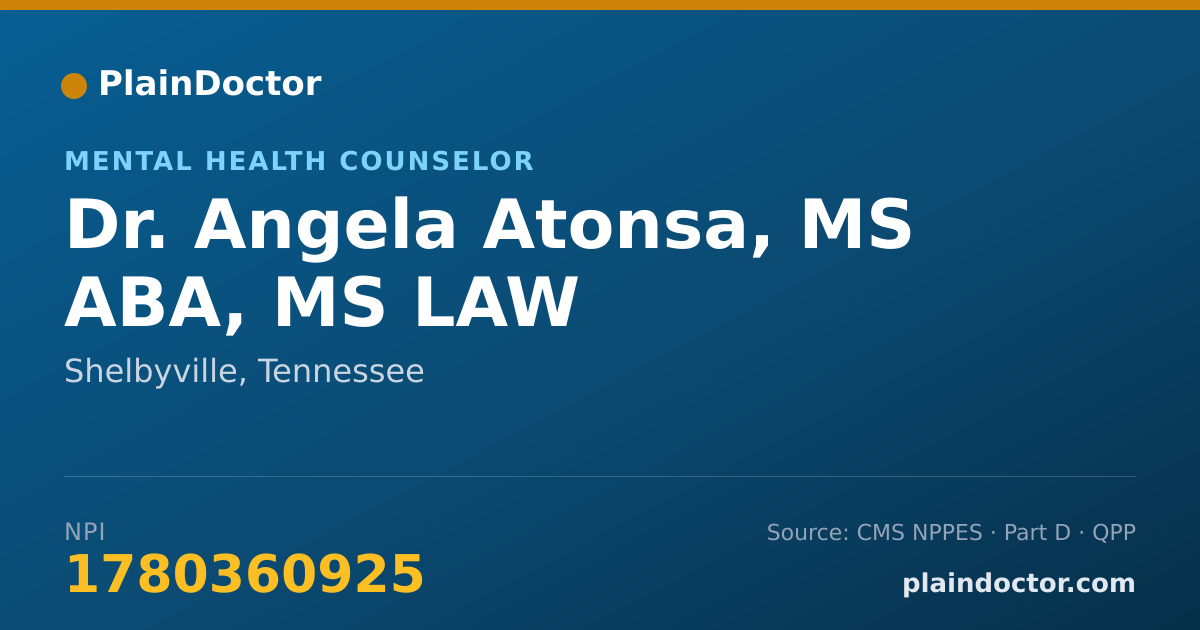 Shareable card for Angela Atonsa, MS ABA, MS LAW - Mental Health Counselor, Shelbyville, TN