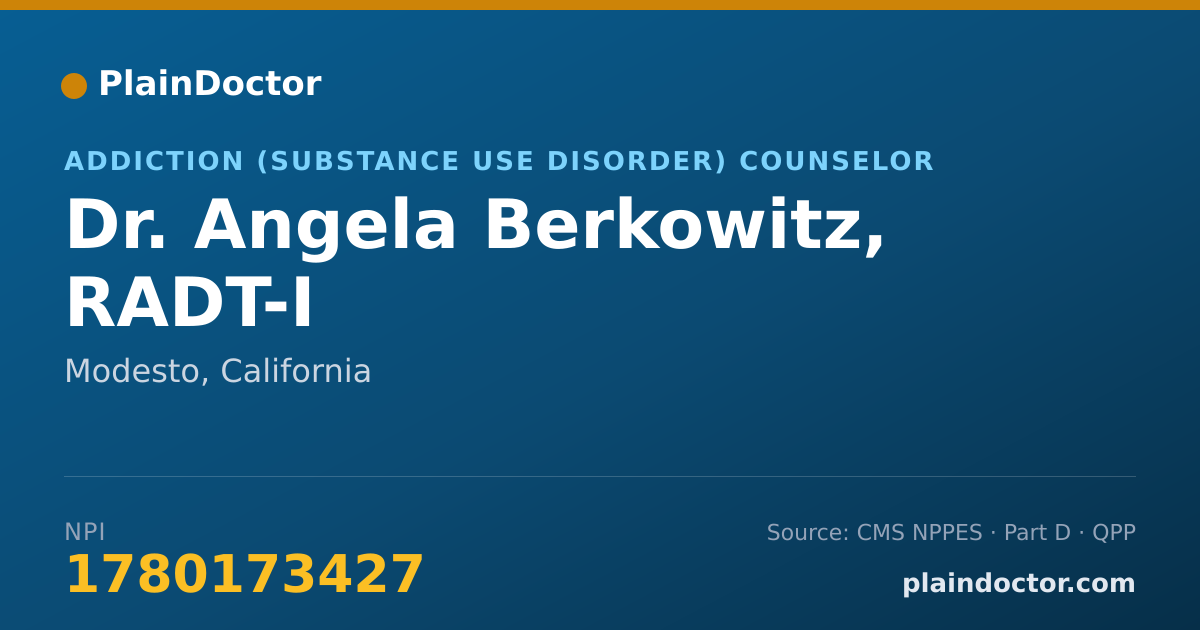 Shareable card for Angela Berkowitz, RADT-I - Addiction (Substance Use Disorder) Counselor, Modesto, CA