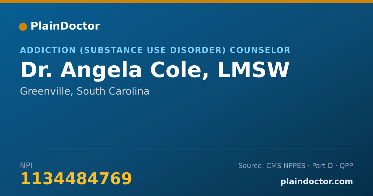 Shareable card for Angela Cole, LMSW - Addiction (Substance Use Disorder) Counselor, Greenville, SC