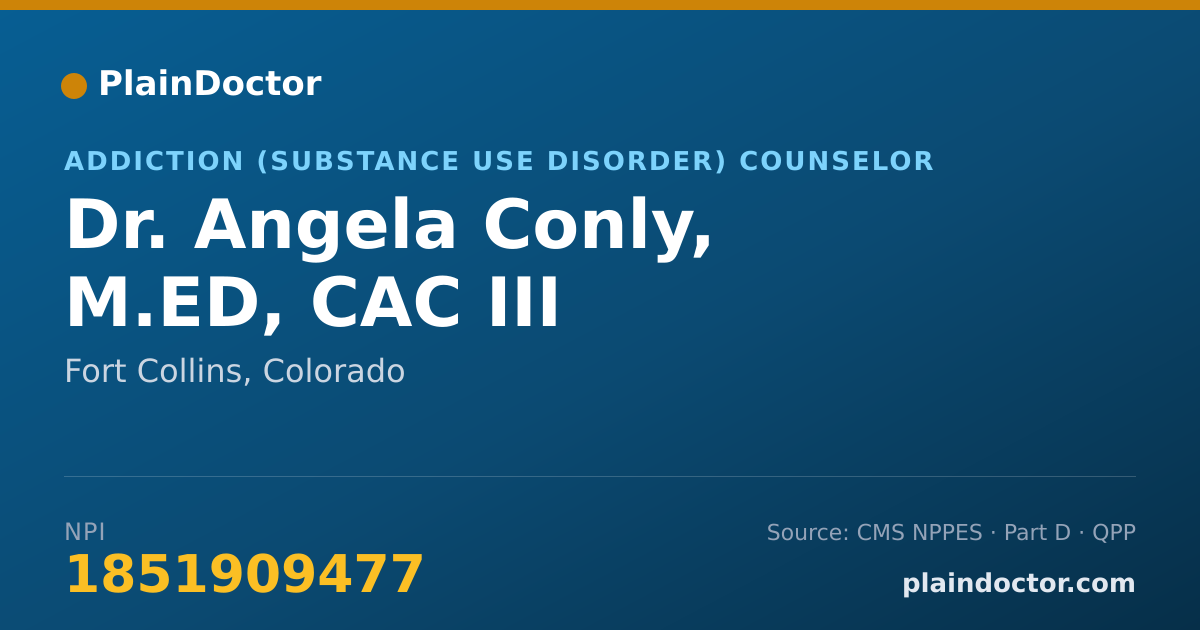 Shareable card for Angela Conly, M.ED, CAC III - Addiction (Substance Use Disorder) Counselor, Fort Collins, CO