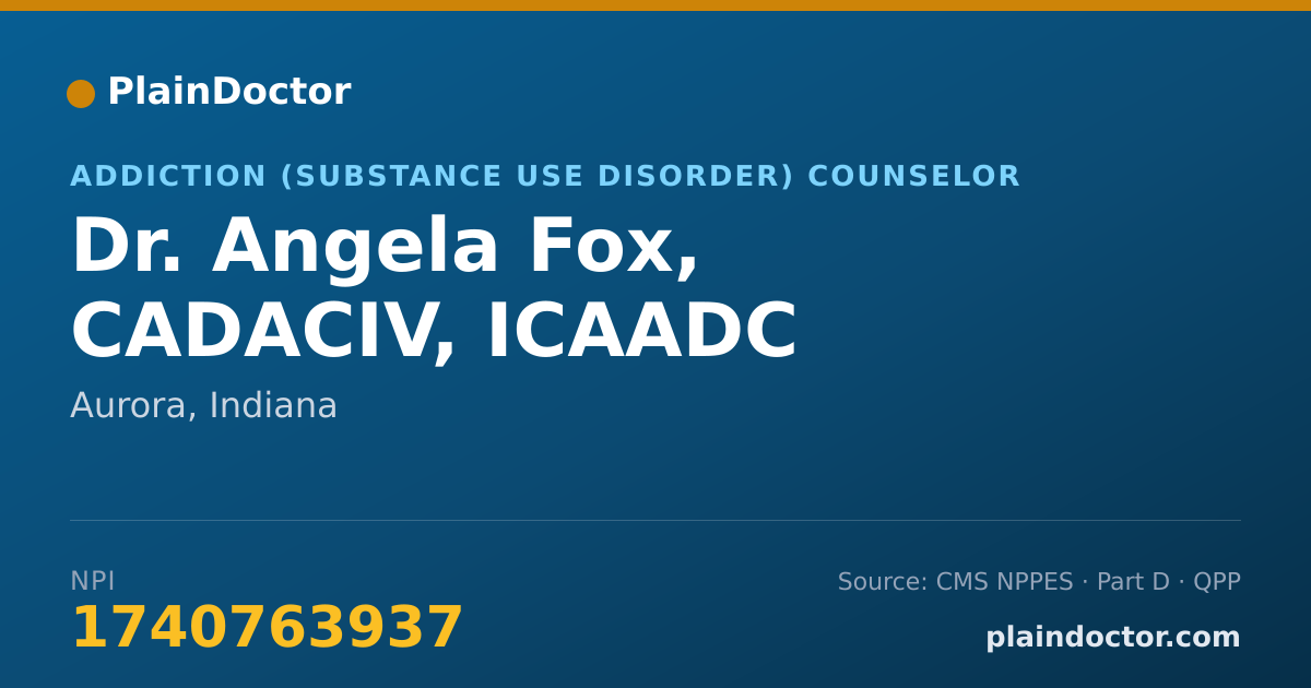 Shareable card for Angela Fox, CADACIV, ICAADC - Addiction (Substance Use Disorder) Counselor, Aurora, IN
