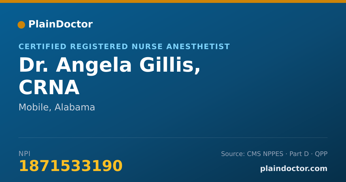 Shareable card for Angela Gillis, CRNA - Certified Registered Nurse Anesthetist, Mobile, AL