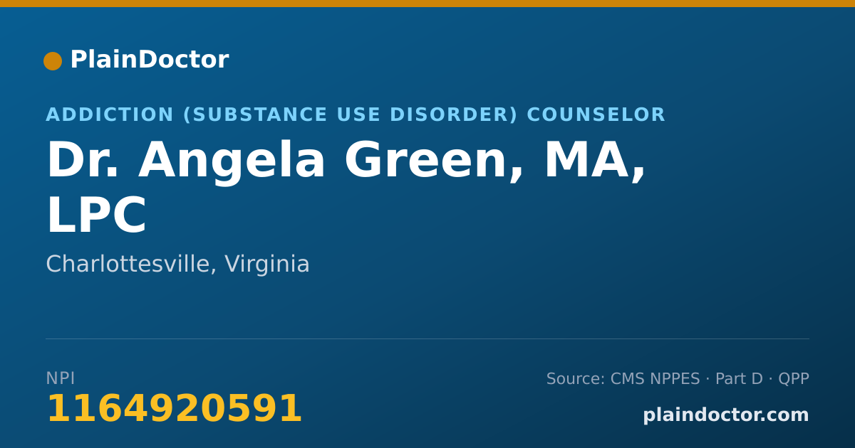 Shareable card for Angela Green, MA, LPC - Addiction (Substance Use Disorder) Counselor, Charlottesville, VA