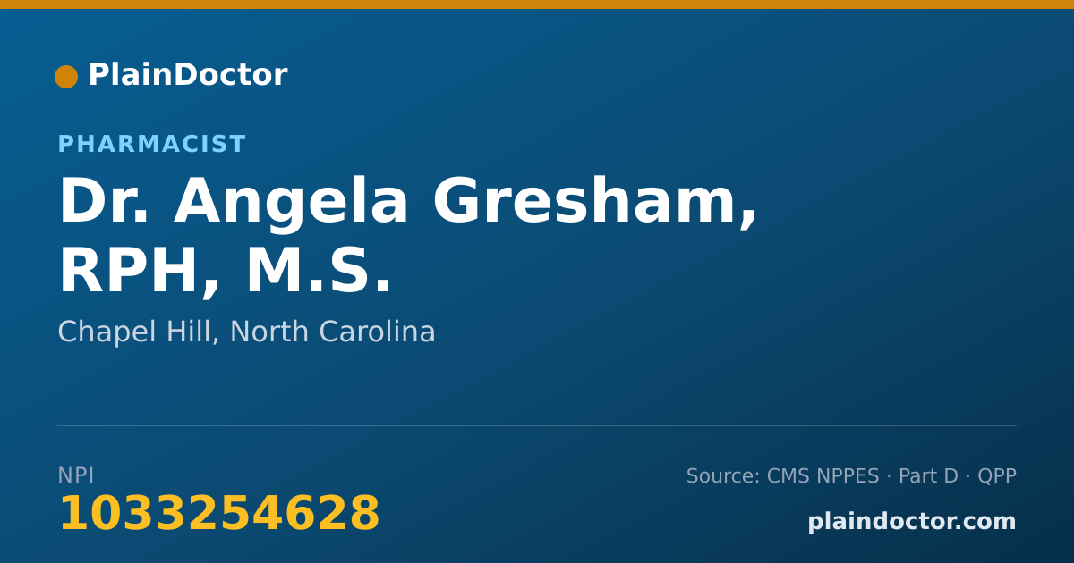 Shareable card for Angela Gresham, RPH, M.S. - Pharmacist, Chapel Hill, NC
