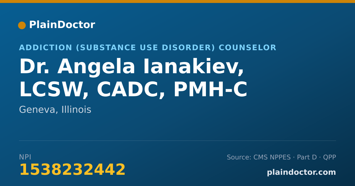 Shareable card for Angela Ianakiev, LCSW, CADC, PMH-C - Addiction (Substance Use Disorder) Counselor, Geneva, IL