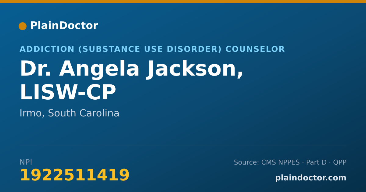 Shareable card for Angela Jackson, LISW-CP - Addiction (Substance Use Disorder) Counselor, Irmo, SC