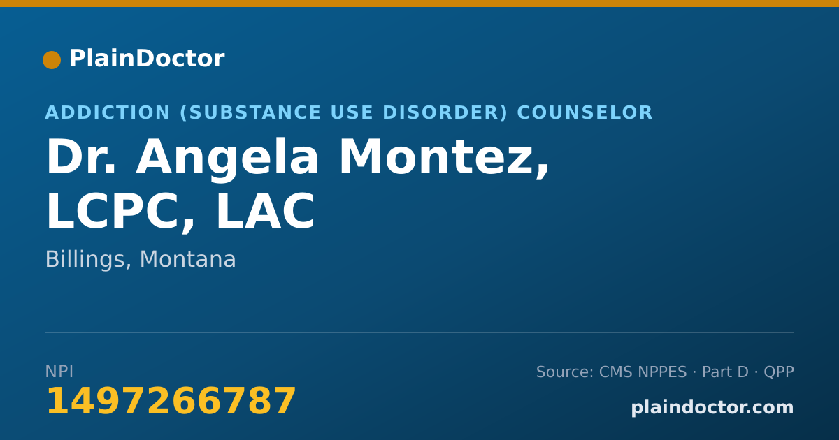 Shareable card for Angela Montez, LCPC, LAC - Addiction (Substance Use Disorder) Counselor, Billings, MT