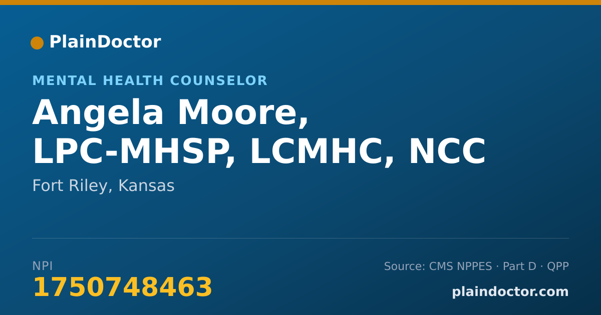 Shareable card for Angela Moore, LPC-MHSP, LCMHC, NCC - Mental Health Counselor, Fort Riley, KS