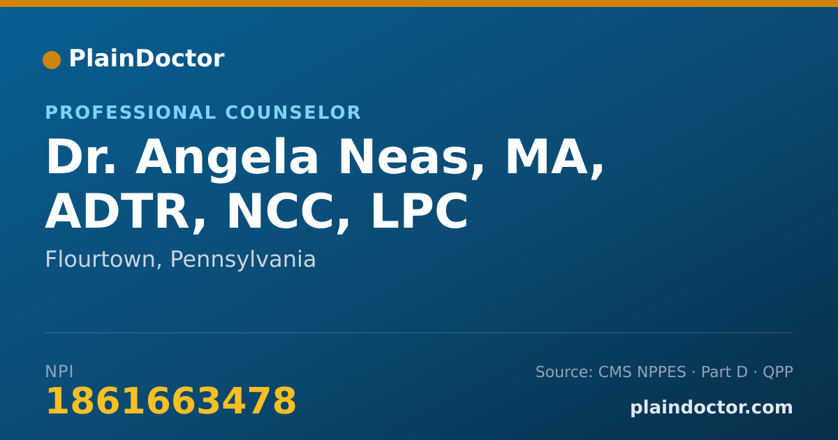 Shareable card for Angela Neas, MA, ADTR, NCC, LPC - Professional Counselor, Flourtown, PA