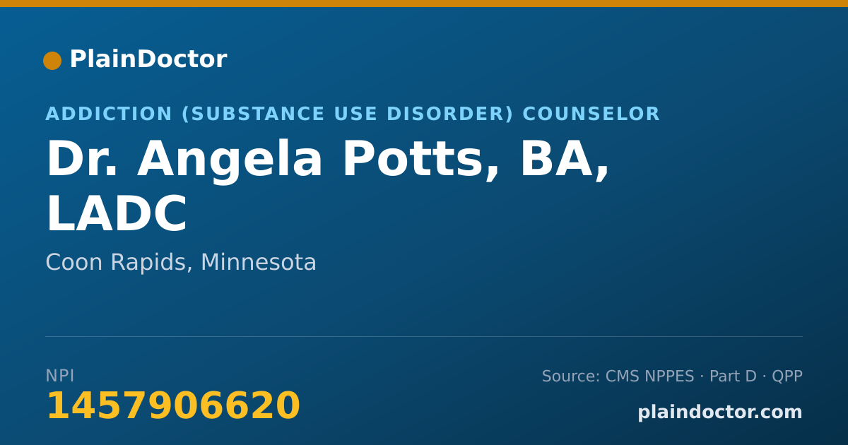 Shareable card for Angela Potts, BA, LADC - Addiction (Substance Use Disorder) Counselor, Coon Rapids, MN