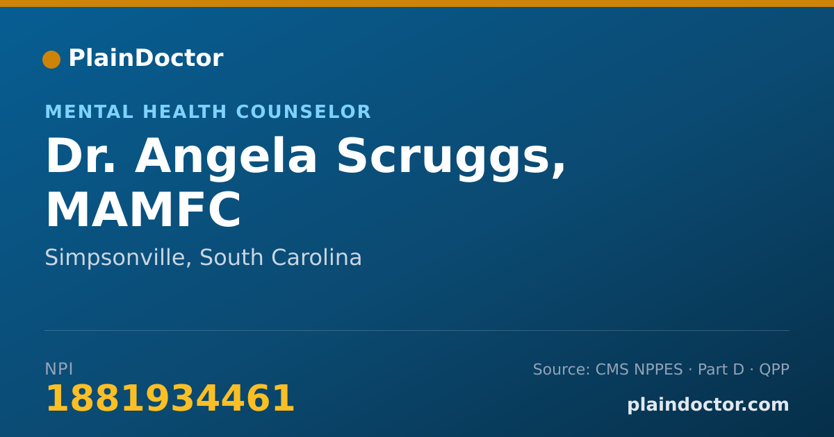 Shareable card for Angela Scruggs, MAMFC - Mental Health Counselor, Simpsonville, SC