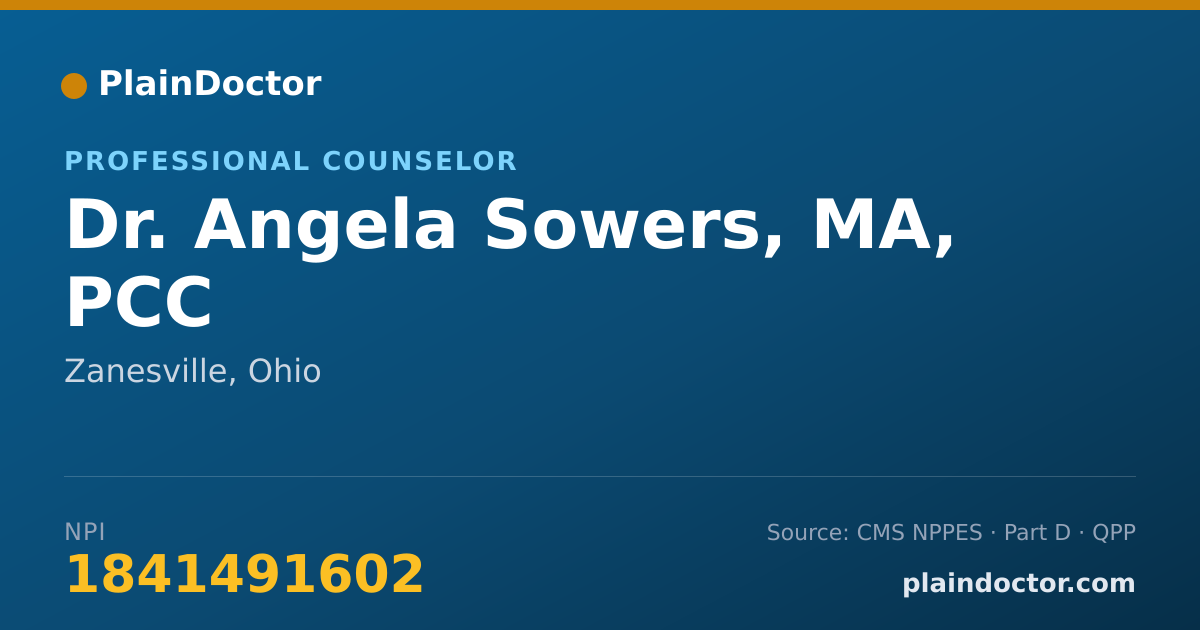 Shareable card for Angela Sowers, MA, PCC - Professional Counselor, Zanesville, OH