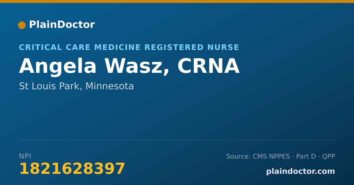 Shareable card for Angela Wasz, CRNA - Critical Care Medicine Registered Nurse, St Louis Park, MN