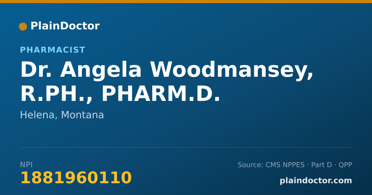 Shareable card for Angela Woodmansey, R.PH., PHARM.D. - Pharmacist, Helena, MT