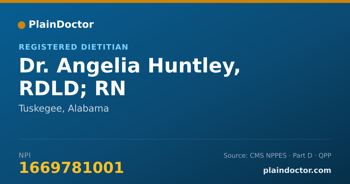 Shareable card for Angelia Huntley, RDLD; RN - Registered Dietitian, Tuskegee, AL