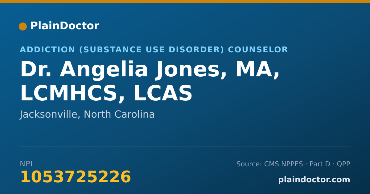Shareable card for Angelia Jones, MA, LCMHCS, LCAS - Addiction (Substance Use Disorder) Counselor, Jacksonville, NC