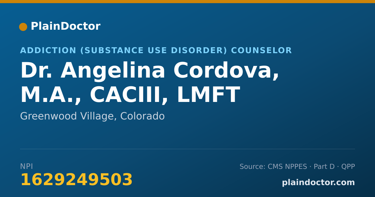 Shareable card for Angelina Cordova, M.A., CACIII, LMFT - Addiction (Substance Use Disorder) Counselor, Greenwood Village, CO