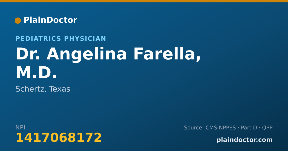 Shareable card for Angelina Farella, M.D. - Pediatrics Physician, Schertz, TX