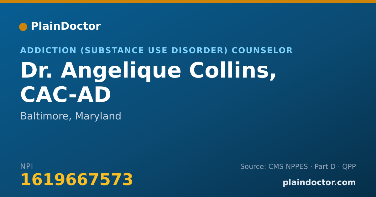 Shareable card for Angelique Collins, CAC-AD - Addiction (Substance Use Disorder) Counselor, Baltimore, MD