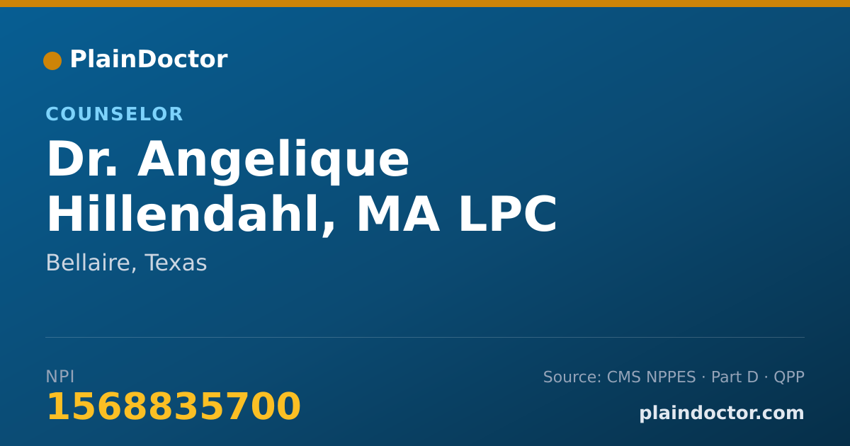 Shareable card for Angelique Hillendahl, MA  LPC - Counselor, Bellaire, TX