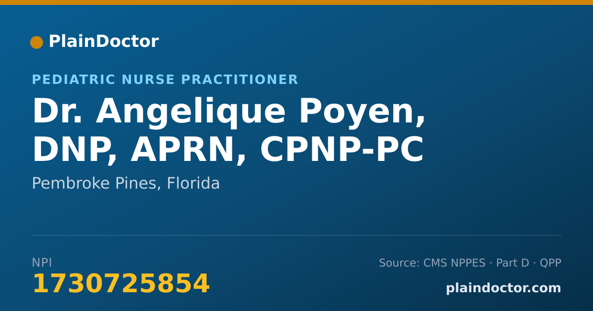 Shareable card for Angelique Poyen, DNP,  APRN, CPNP-PC - Pediatric Nurse Practitioner, Pembroke Pines, FL