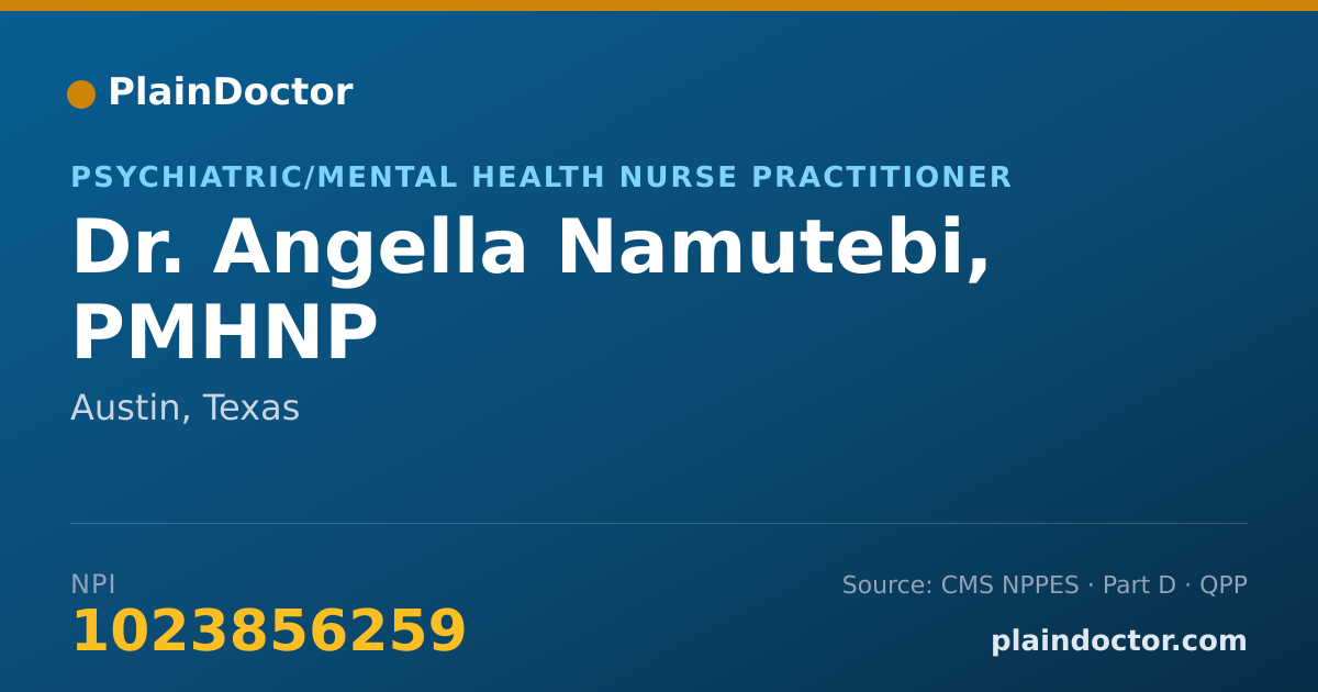 Shareable card for Angella Namutebi, PMHNP - Psychiatric/Mental Health Nurse Practitioner, Austin, TX