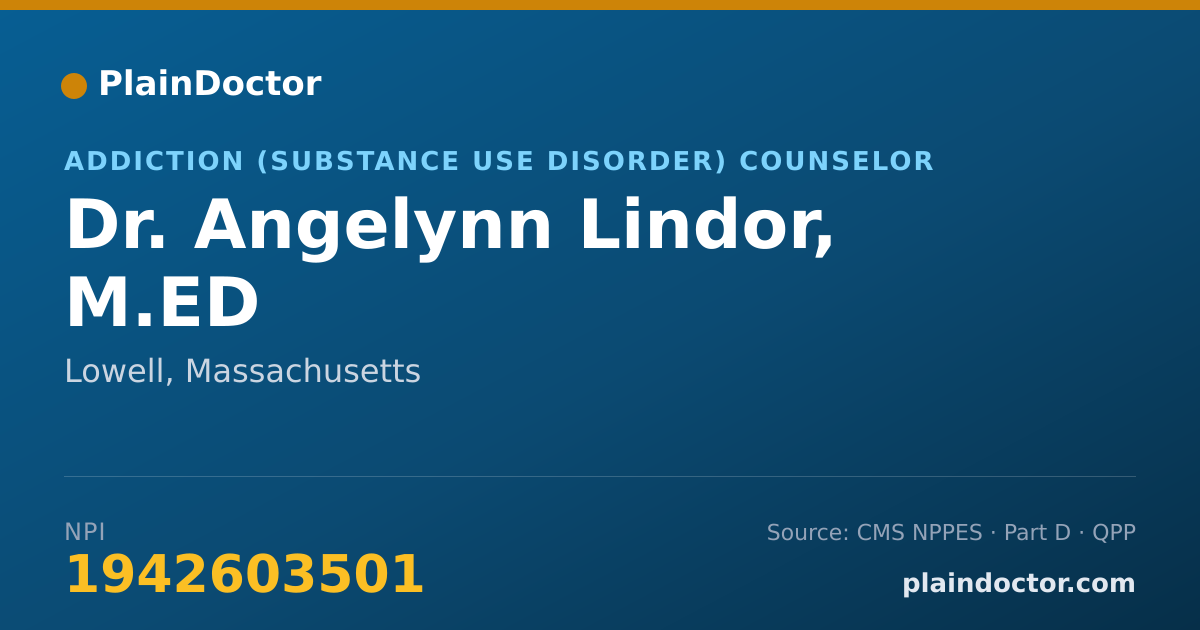 Shareable card for Angelynn Lindor, M.ED - Addiction (Substance Use Disorder) Counselor, Lowell, MA