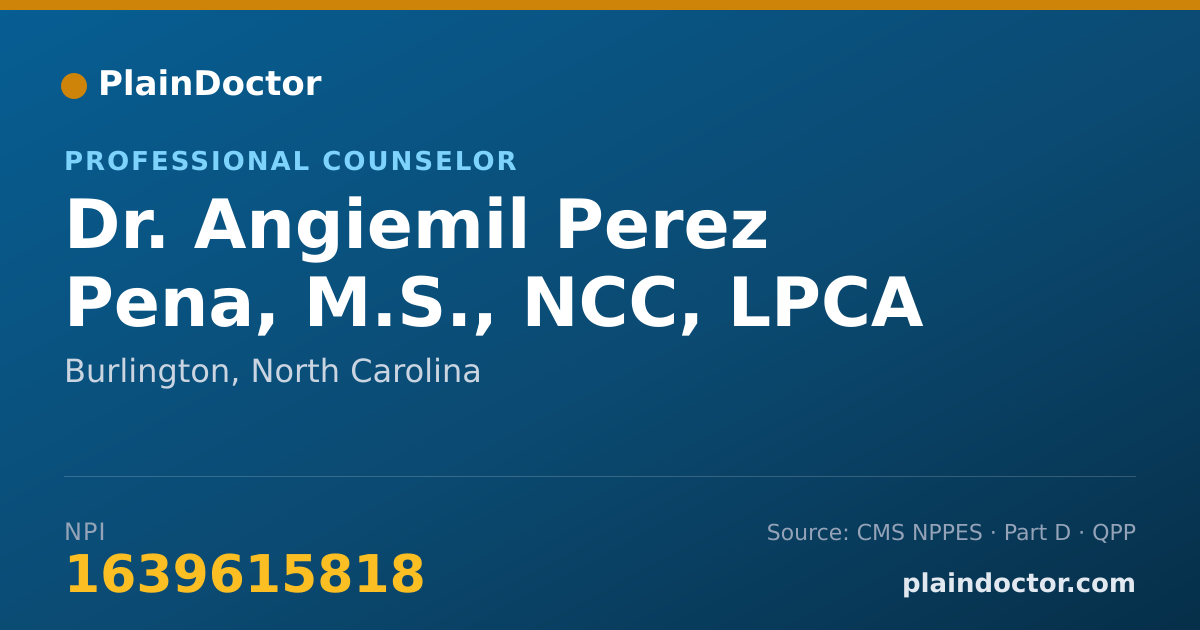 Shareable card for Angiemil Perez Pena, M.S., NCC, LPCA - Professional Counselor, Burlington, NC
