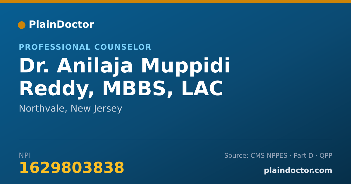 Shareable card for Anilaja Muppidi Reddy, MBBS, LAC - Professional Counselor, Northvale, NJ
