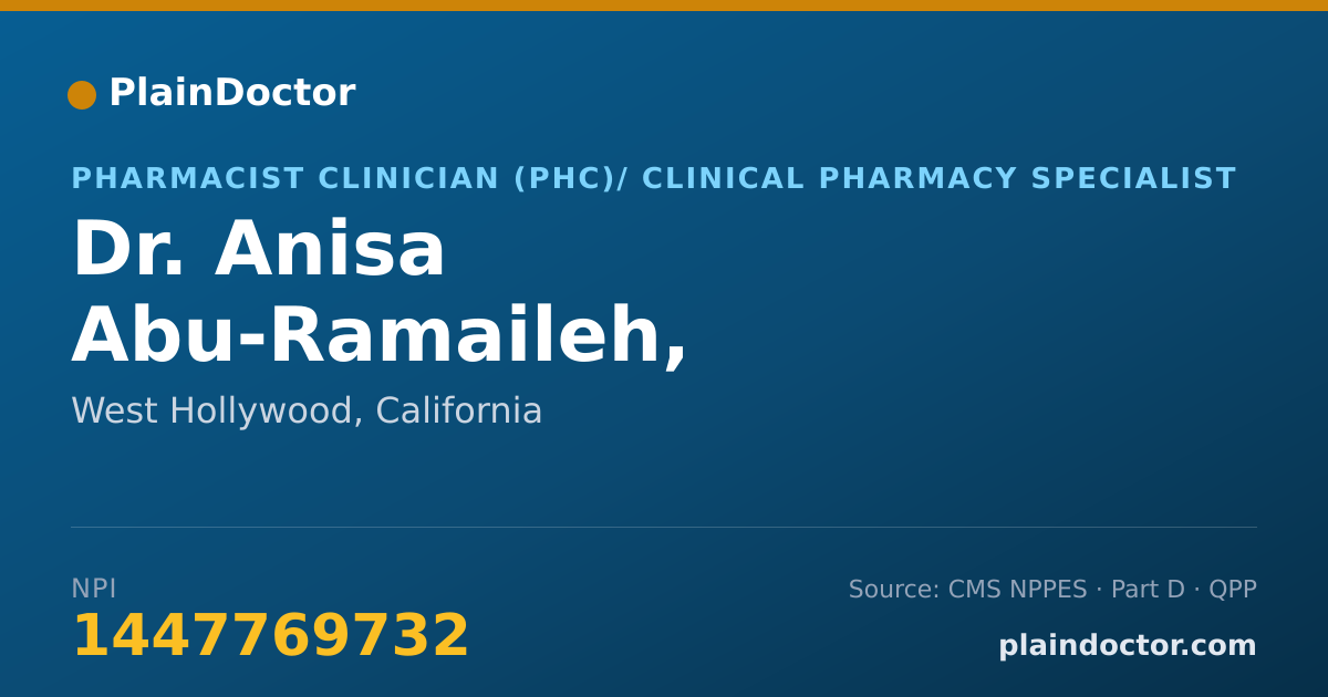 Shareable card for Anisa Abu-Ramaileh, PHARM.D., BCPS - Pharmacist Clinician (PhC)/ Clinical Pharmacy Specialist, West Hollywood, CA