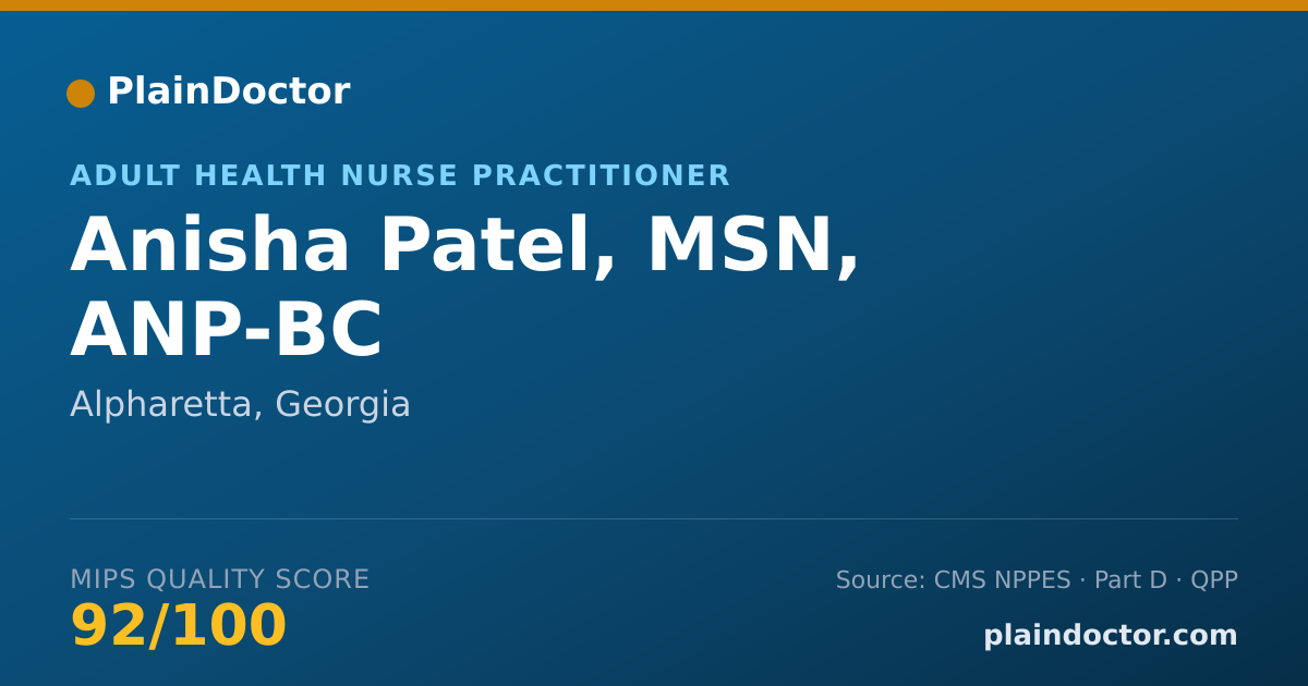 Shareable card for Anisha Patel, MSN, ANP-BC - Adult Health Nurse Practitioner, Alpharetta, GA