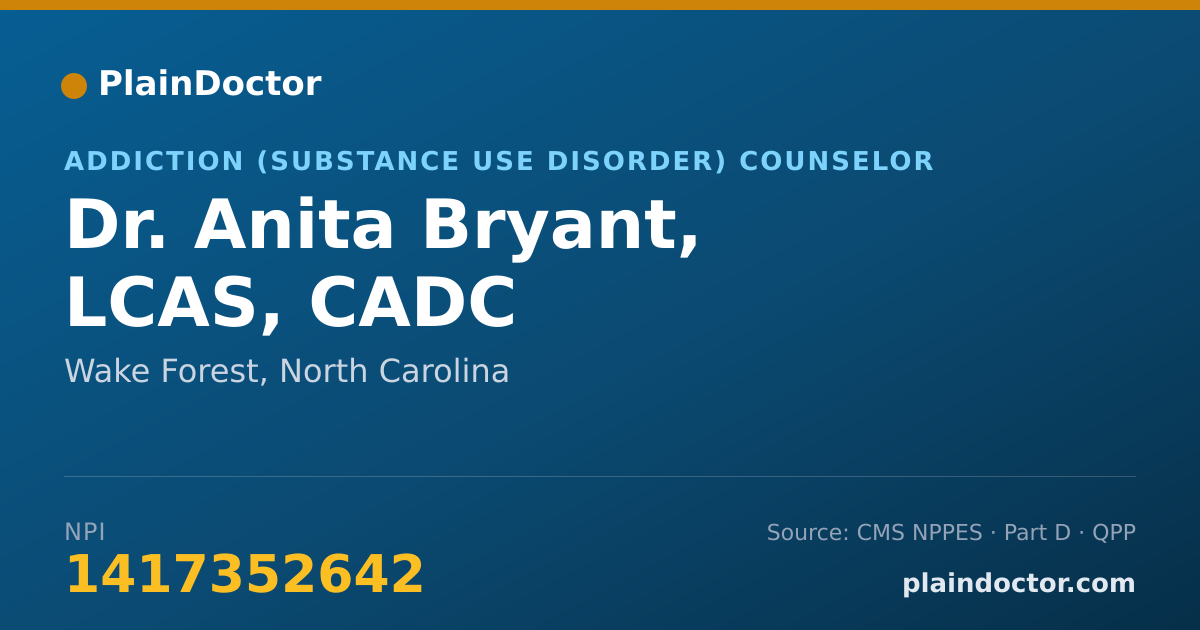 Shareable card for Anita Bryant, LCAS, CADC - Addiction (Substance Use Disorder) Counselor, Wake Forest, NC