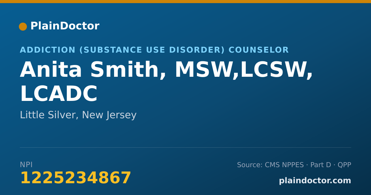 Shareable card for Anita Smith, MSW,LCSW, LCADC - Addiction (Substance Use Disorder) Counselor, Little Silver, NJ