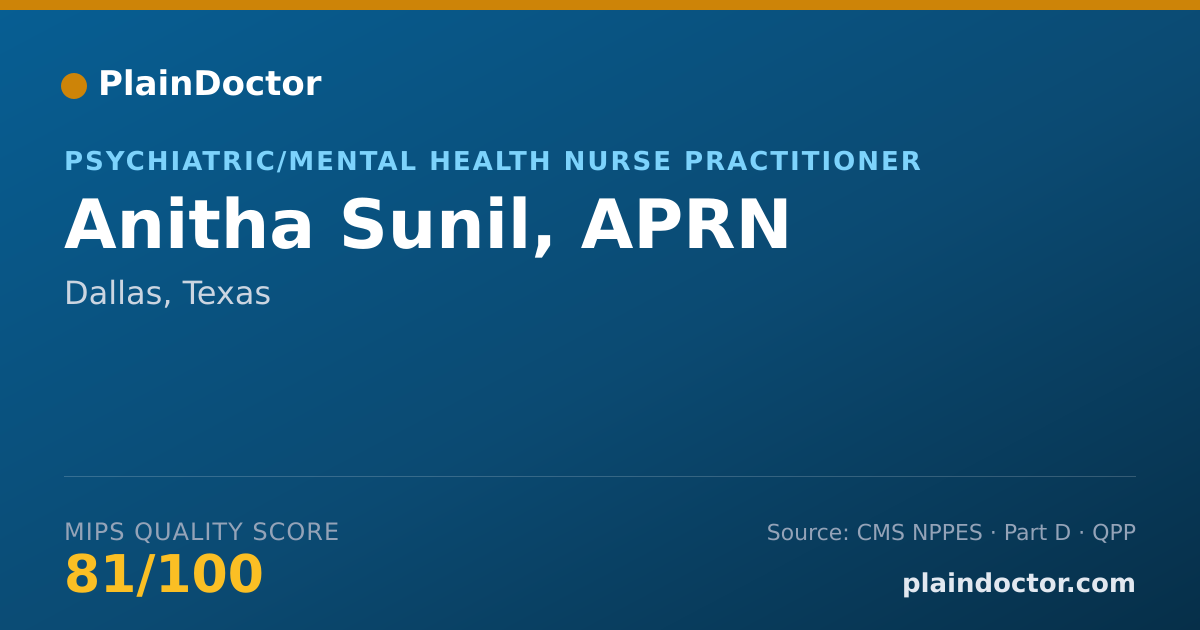 Shareable card for Anitha Sunil, APRN - Psychiatric/Mental Health Nurse Practitioner, Dallas, TX