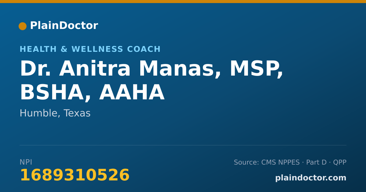 Shareable card for Anitra Manas, MSP, BSHA, AAHA - Health & Wellness Coach, Humble, TX
