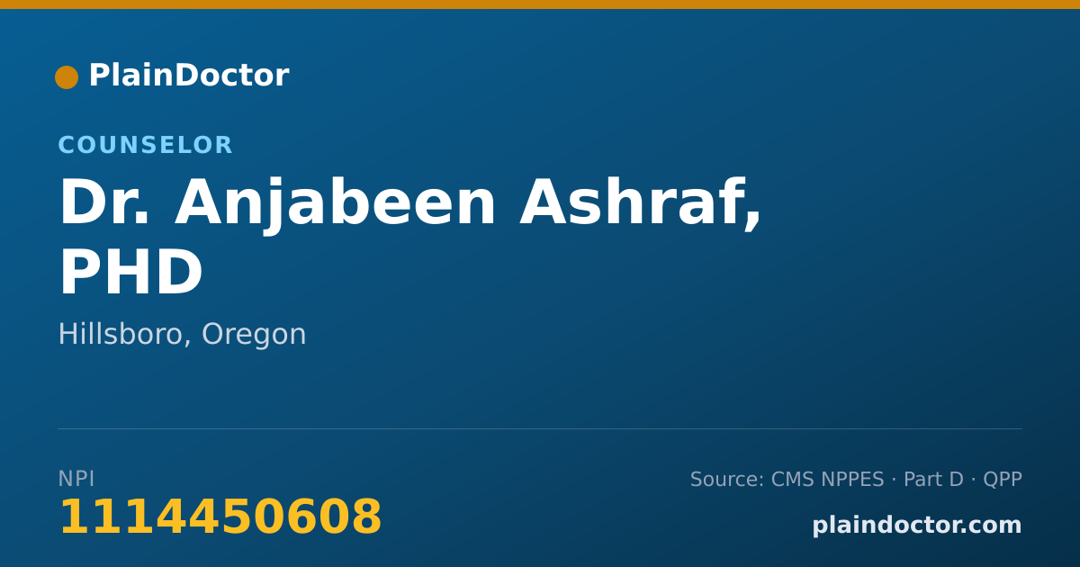 Shareable card for Anjabeen Ashraf, PHD - Counselor, Hillsboro, OR