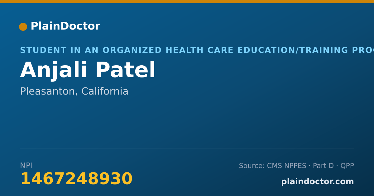 Shareable card for Anjali Patel - Student in an Organized Health Care Education/Training Program, Pleasanton, CA