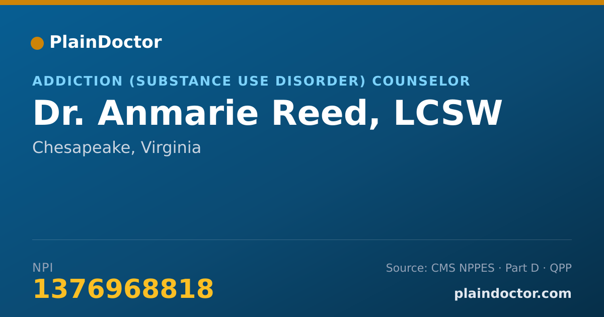 Shareable card for Anmarie Reed, LCSW - Addiction (Substance Use Disorder) Counselor, Chesapeake, VA