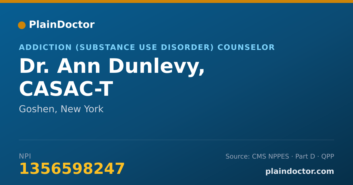 Shareable card for Ann Dunlevy, CASAC-T - Addiction (Substance Use Disorder) Counselor, Goshen, NY