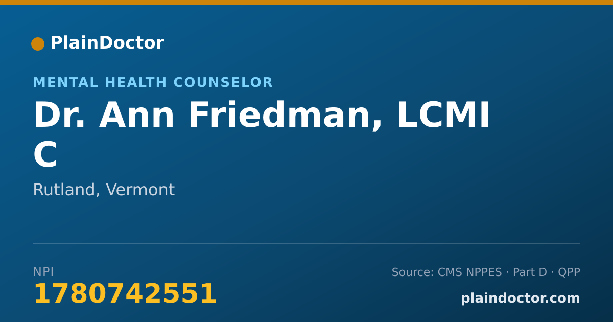 Shareable card for Ann Friedman, LCMI C - Mental Health Counselor, Rutland, VT