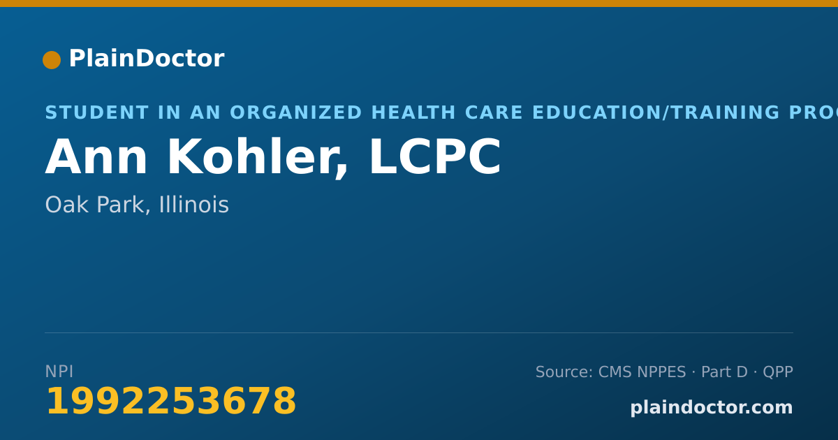 Shareable card for Ann Kohler, LCPC - Student in an Organized Health Care Education/Training Program, Oak Park, IL